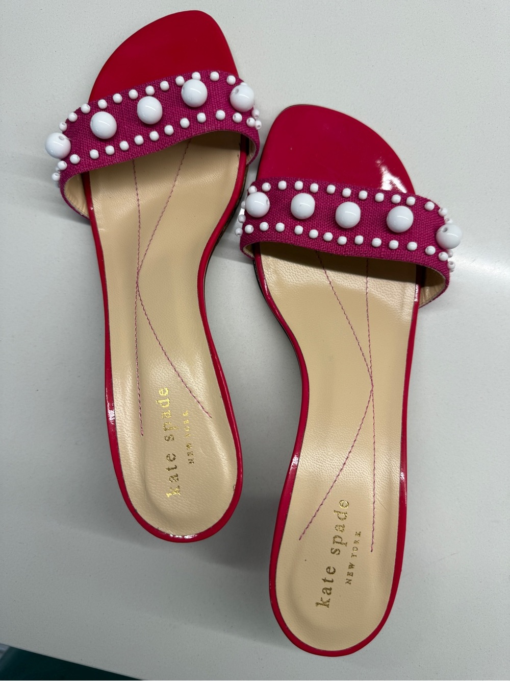 kate spade Hot Pink Patent Slide Sandals with White Bead Trim & kitten heel
